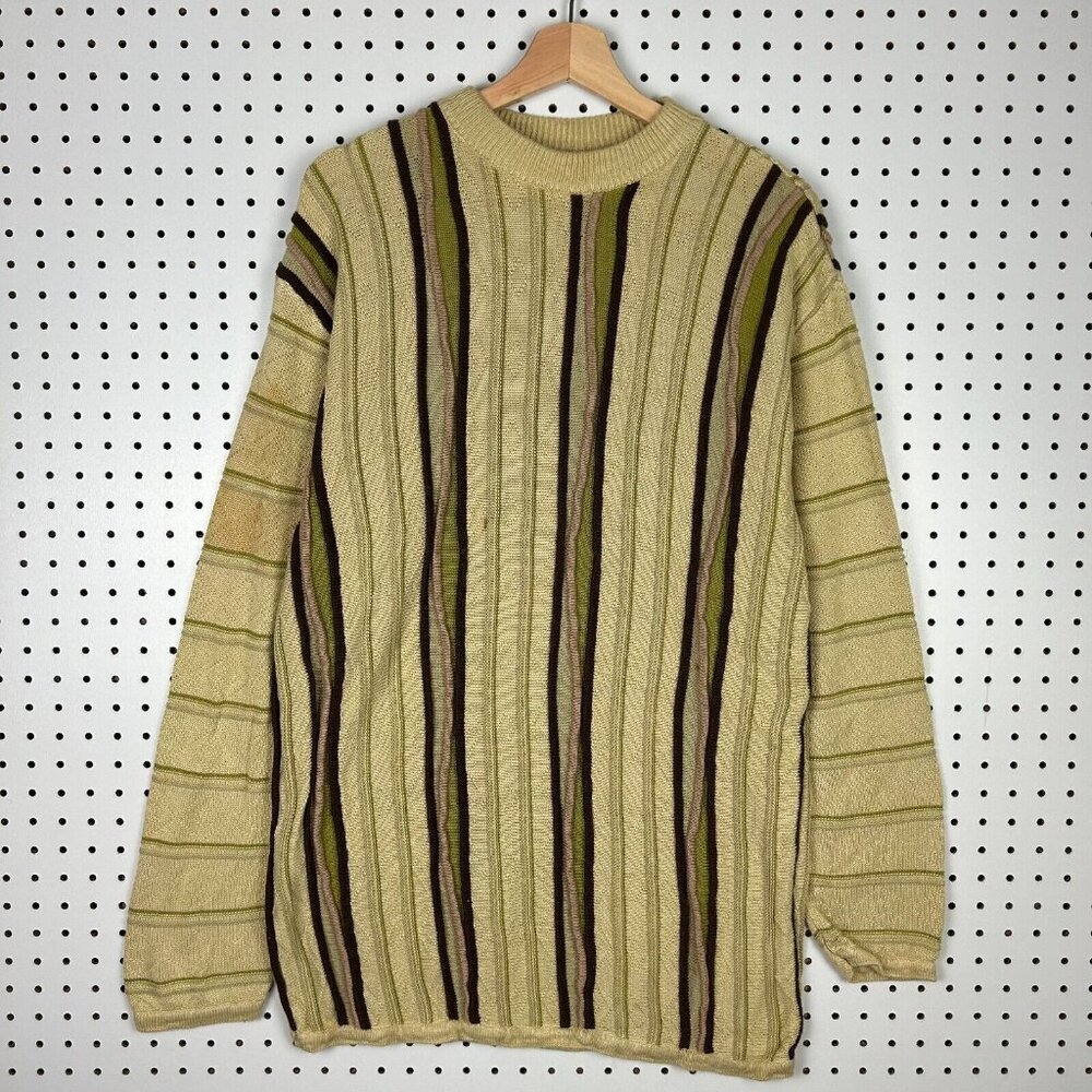 Bergati 3D Knit Chunky Sweater Size Large Yellow Gold COOGI STYLE Brown Hip Hop‎